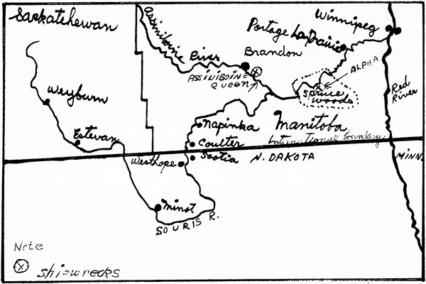 Map of shipwrecks on the Assiniboine River