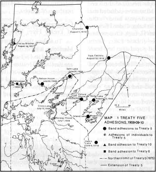 Map 1. Treaty Five Adhesions, 1908-09-10.