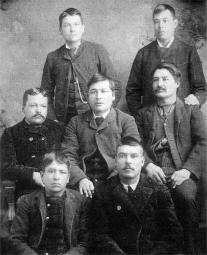 Andre Jerome’s sons in 1880. Top: Roger and Napolean. Centre: Martin, Andrew and Baptiste. Front: Sam and Alexandre. It was Baptiste and Alexandre who drove the cart with the Fenian muskets.