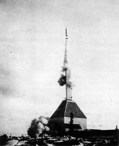 Rocket being launched from the Aerobee Launcher, Churchill Research Range.