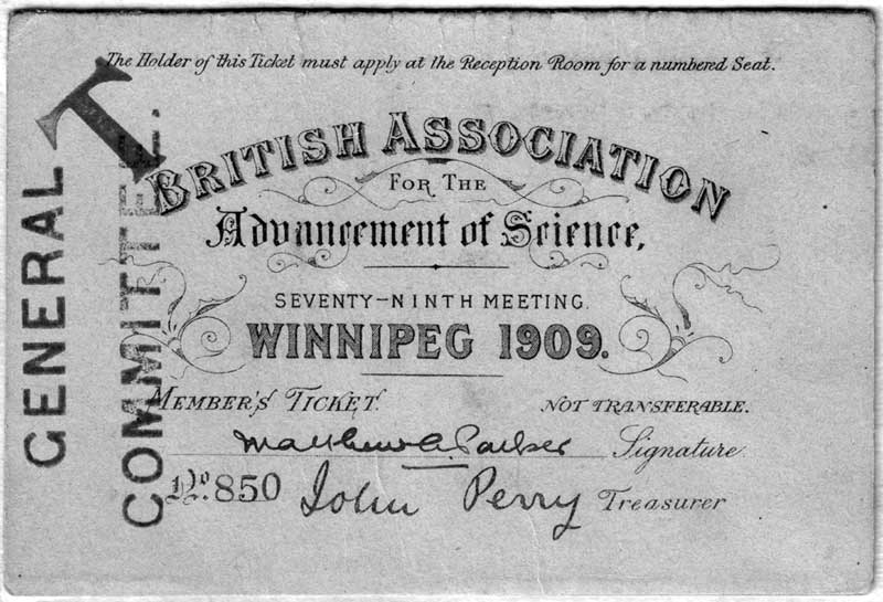 British Association for the Advancement of Science, member's ticket for the 1909 meeting in Winnipeg.