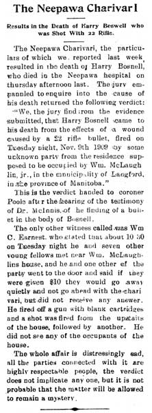 The Carberry News of 19 November 1909 reports the death of Harry Bosnell.