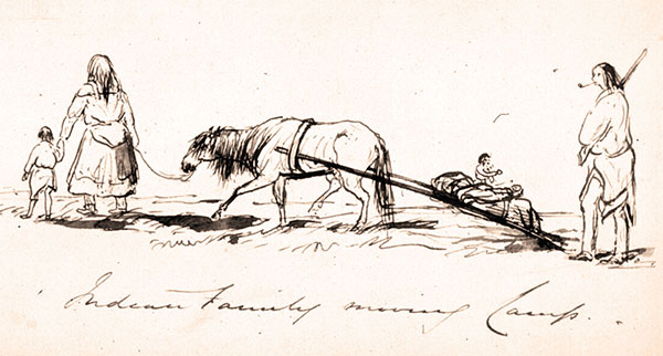‘Indian Family Moving Camp,’ a sketch by Henry James Warre (1819–1898), a British military officer who passed through the Red River Settlement in June of 1845.
