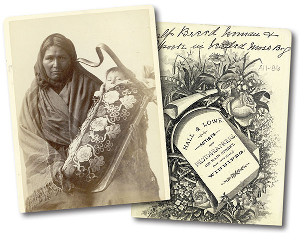 Hall & Lowe cabinet photo (front and back) with handwritten caption “Half Breed Woman & Papoose in Beaded Moss Bag.”
