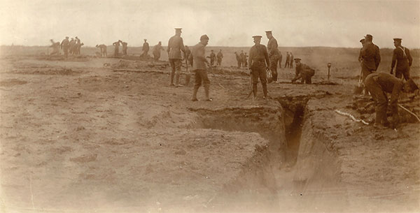 A taste of things to come. New recruits at Manitoba’s Camp Sewell train in trenches similar to ones they would encounter in Europe.