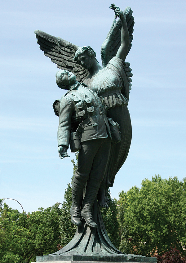 An angel conveying a dead soldier to heaven was unveiled in 1922 in front of the Winnipeg CPR station on Higgins Avenue. Created by sculptor Coeur de Lion MacCarthy (1881–1979), the monument commemorated the 1,125 railway employees killed during the First World War. The monument was later moved to the grounds of the Deer Lodge Hospital.