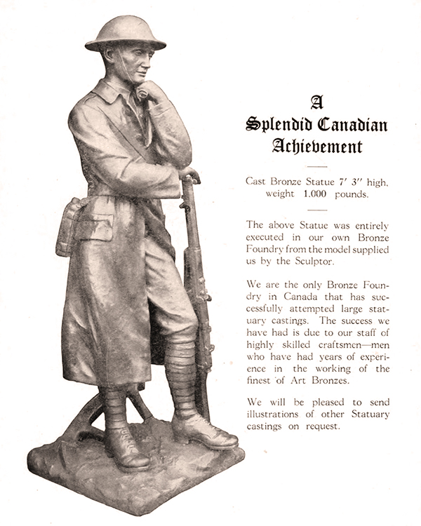 Pensive soldier in bronze. A page from the catalogue of Toronto’s Canadian William A. Rogers Limited featured a design by Nicolas Pirotton. A stone version was used on monuments at Emerson, MacGregor, St. Claude, and St. Pierre-Jolys.