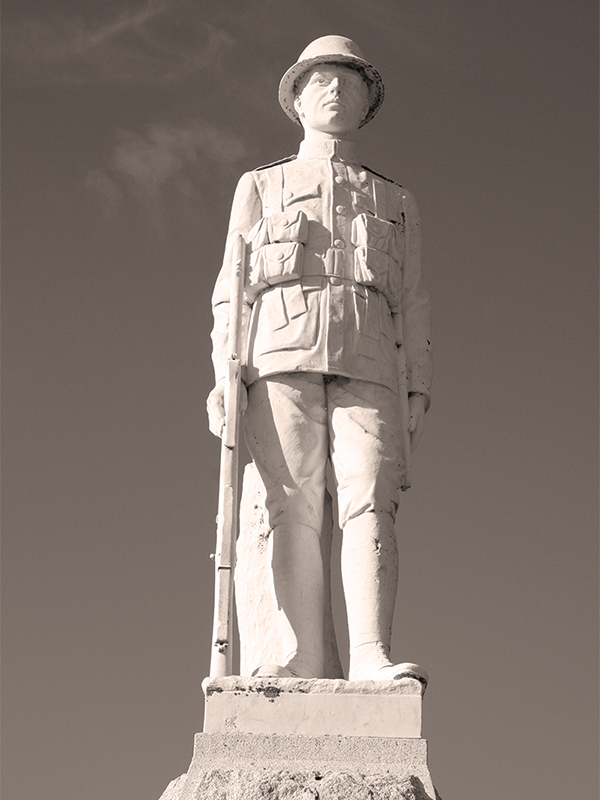 A marble soldier atop the war memorial at Newdale, Manitoba.