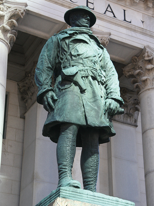 The soldier in front of the Bank of Montreal at the corner of Portage and Main, wearing an American uniform from the First World War, was created by American sculptor James Earl Fraser.