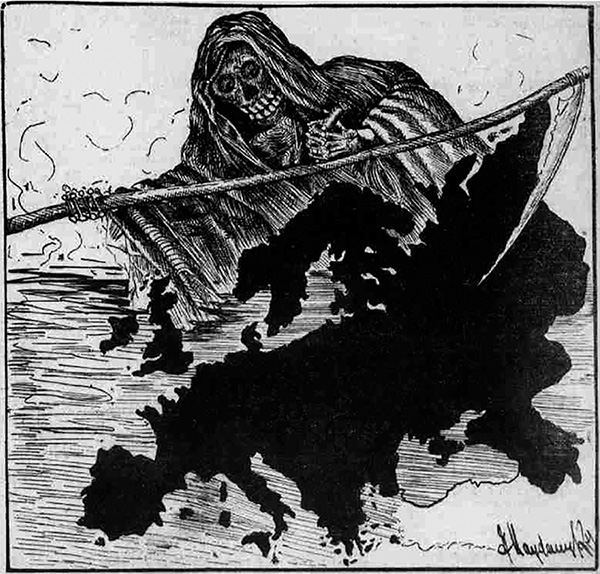 “The Grim Reaper is at Work in Europe,” A caption below the image read “Already many lives have been lost in the European war; how many more will be lost before peace is restored?”