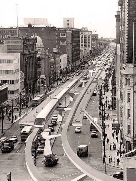What might have been. A photoillustration published in the Winnipeg Tribune on 11 January 1962 showed how Portage Avenue might look with a monorail running down its centre.