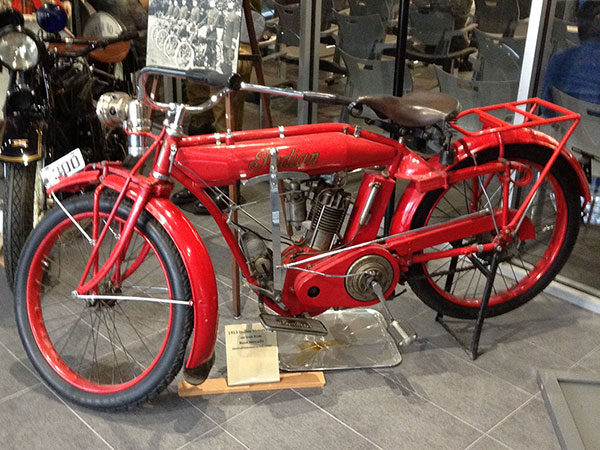 A 1913 Indian motorcycle, similar to the one ridden by Sadie Grimm, belonging to the author on display at the Winnipeg Police Museum.