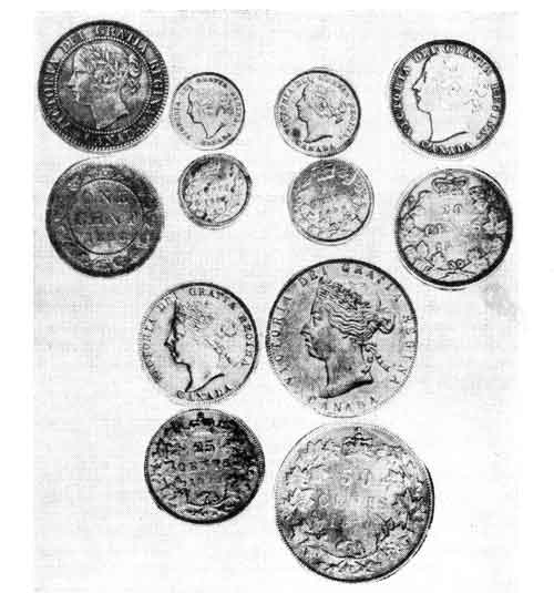 These are the first official government coins of Canada of each denomination (obverse and reverse sides of each).