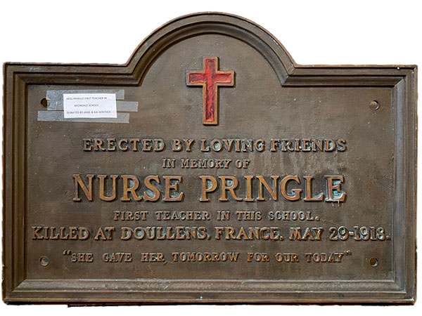 Plaque commemorating nurse Mary Eden Lyal Pringle, formerly a teacher at Arondale School, killed during the First World War, now at the Anola and District Museum