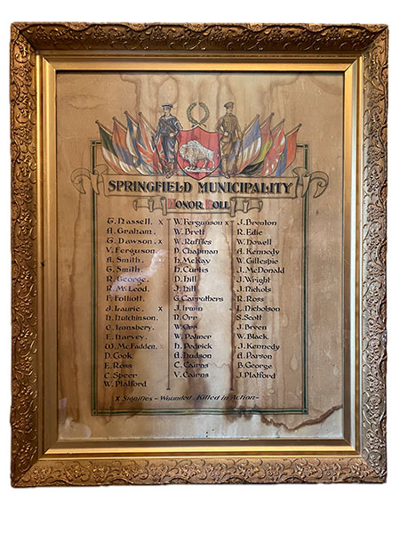 Plaque commemorating people from the Municipality of Springfield killed during the First World War, now at the Anola and District Museum