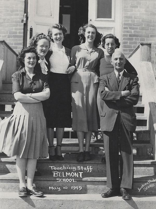 Teaching staff of Belmont School, 1948-1949. Elisabeth Nash is third from left and Principal Henry L. Williams is at right.
