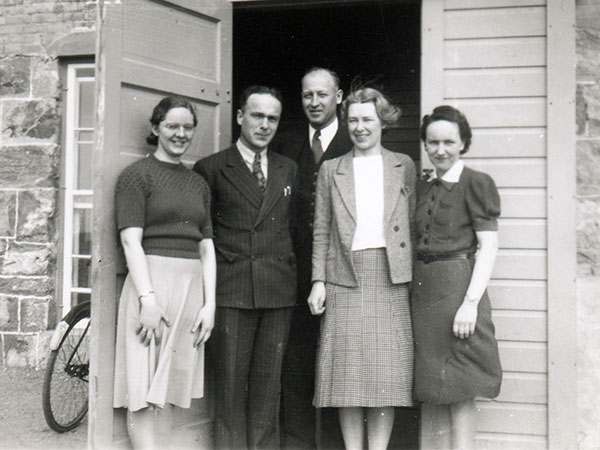 Teaching staff of Belmont School, 1941-1942: (left-right) Miss Jackson, Stanley McGill, Mr. Sadler, ?, Ada ?.