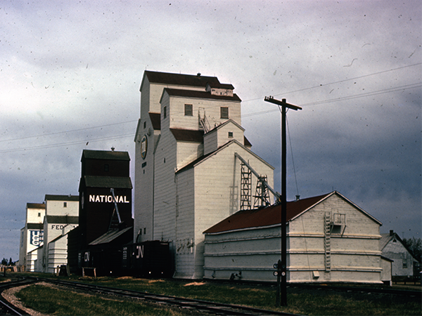 Manitoba Pool B (left) and A (right) grain elevators in the row at Benito
