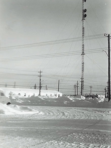 One of the buildings and communications towers at RCAF Station Bird