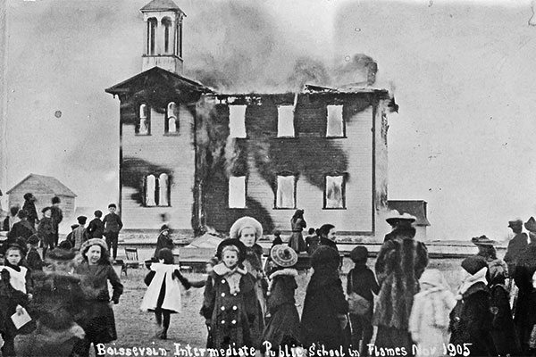 Photo postcard of the Boissevain School fire