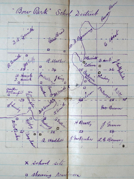 Hand-drawn map showing the proposed Bow Park School site and district residences