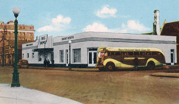 Postcard view of the Trans-Continental Coach Lines Depot in Brandon