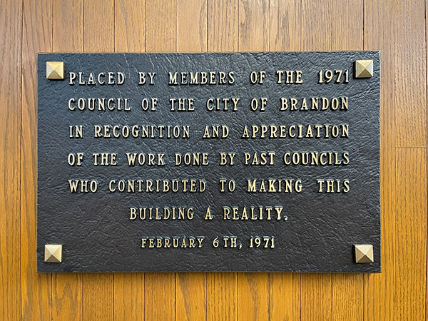 Commemorative plaque inside the Brandon City Hall council chambers
