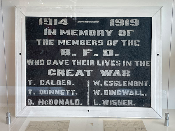 First World War commemorative tablet at the Brandon Fire and Emergency Services Museum