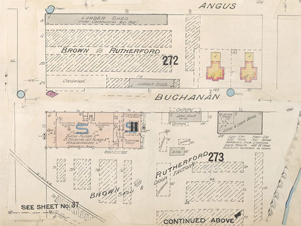 Fire insurance map showing the layout of the Brown and Rutherford lumber mill