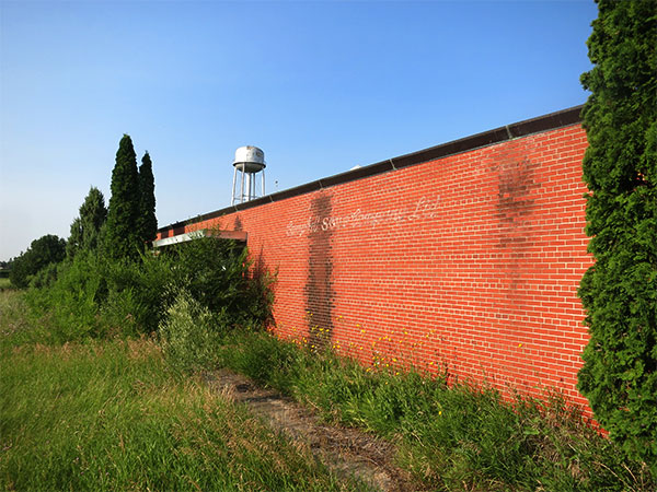 Overgrown entrance to the administrative offices of the former Campbell Soup plant at Portage la Prairie
