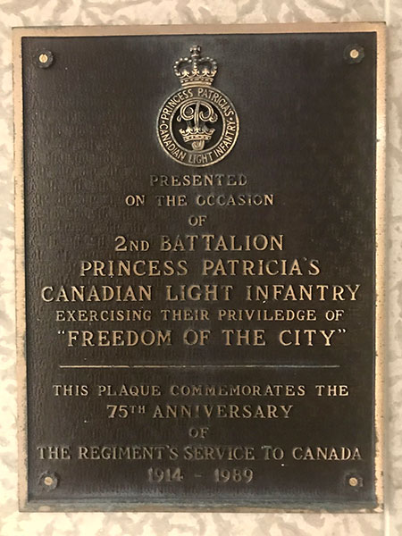 Second Battalion Princess Patricia’s Canadian Light Infantry “Freedom of the City” Plaque, 1989