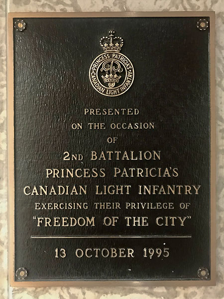 Second Battalion Princess Patricia’s Canadian Light Infantry “Freedom of the City” Plaque, 1995