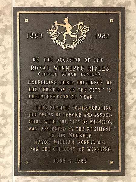 Royal Winnipeg Rifles (Little Black Devils), 100th anniversary “Freedom of the City” Plaque