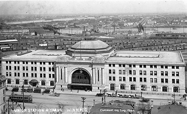 Union Station and Yards, Winnipeg with the Canadian Northern Railway Main Line Bridge in the centre-left background