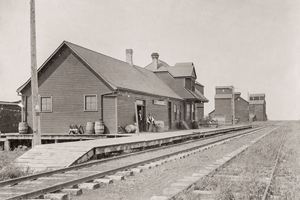Canadian Northern Railway Station and grain elevators at Roland