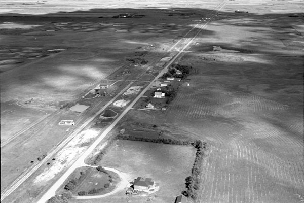 Aerial view of the grains elevators at Angusville