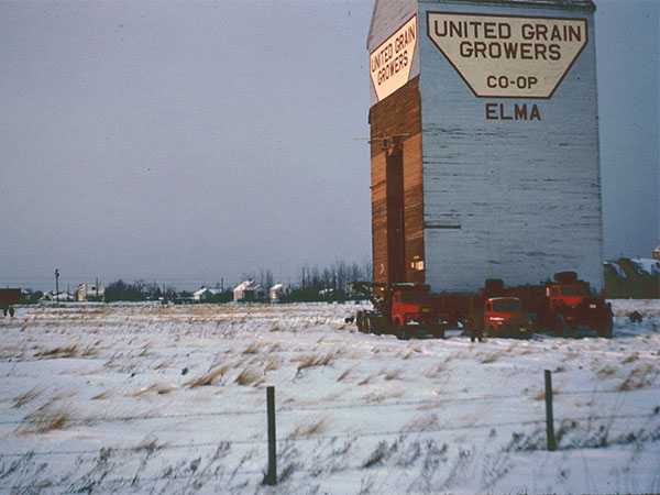 The former United Grain Growers grain elevator from Elma being moved to Whitemouth