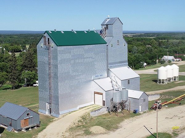 Aerial view of the former Manitoba Pool grain elevator at Ethelbert