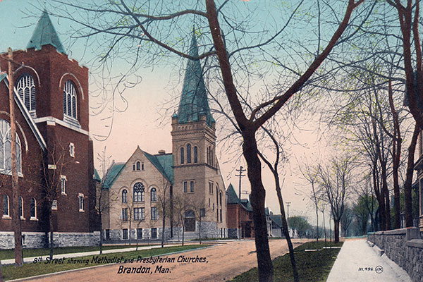 Postcard view of First Methodist Church at left with St. Paul's Presbyterian Church in centre