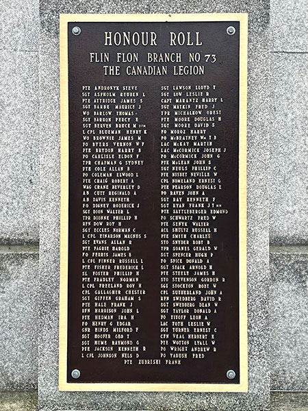 Commemorative plaque on the Flin Flon War Memorial