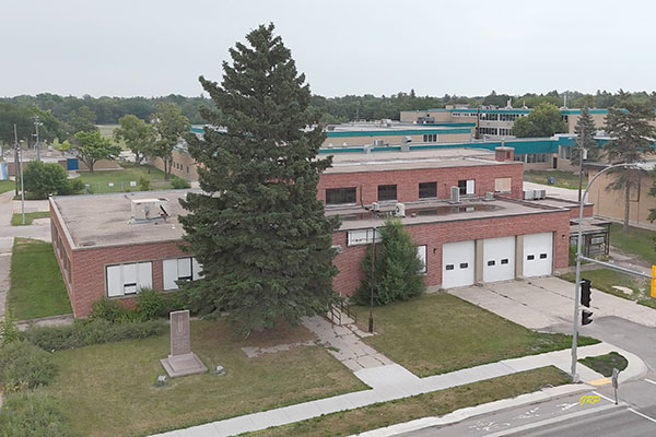 Aerial view of the Fort Garry Municipal Building and Fire Hall
