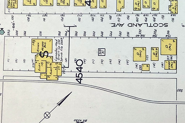 Fire insurance map showing United Grain Growers grain elevator on Lilac Street in Winnipeg