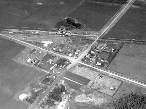 Aerial view of the grain elevators at Dunrea