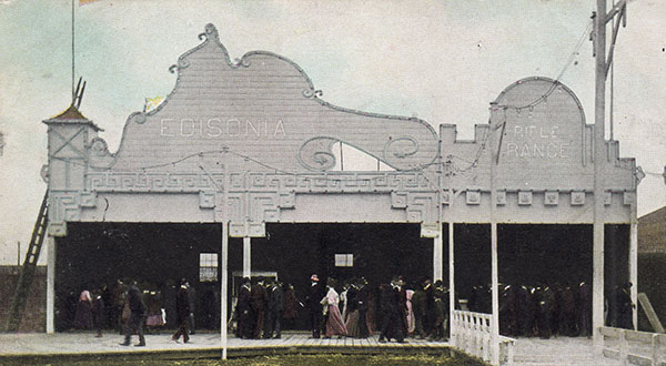 Postcard view of Edisonia (a display of electrical equipment) and rifle range at Happyland