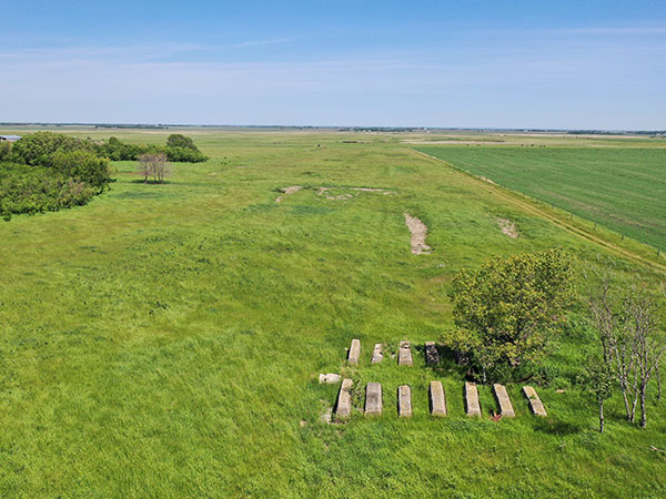 Aerial view of the concrete foundation for the former McCabe grain elevator at Hayfield