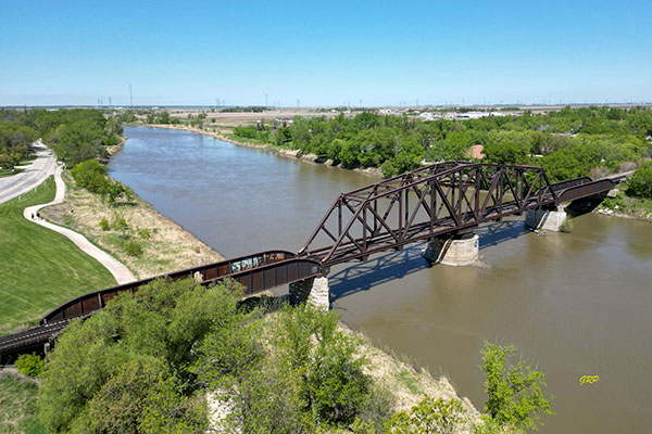Aerial view of Canadian Pacific Railway Bridge over the Assiniboine River at Headingley