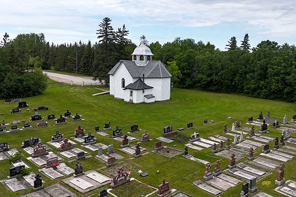 Aerial view of Holy Cross Ukrainian Catholic Church and Cemetery