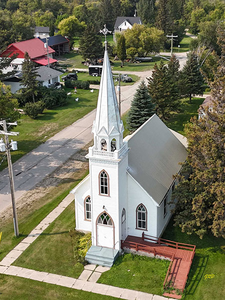 Aerial view of Immanuel Lutheran Church at Baldur