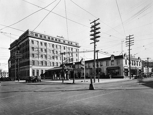 Imperial Oil Building and Service Station in the foreground with the Prince Edward Hotel in the background