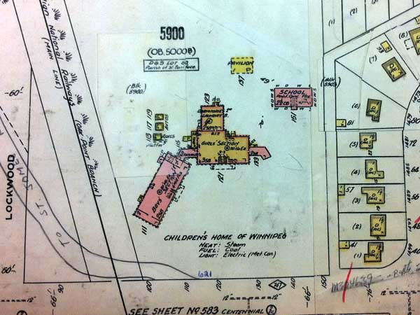 Portion of a fire insurance map showing the campus of the former Children’s Home of Winnipeg and Julia Clark School